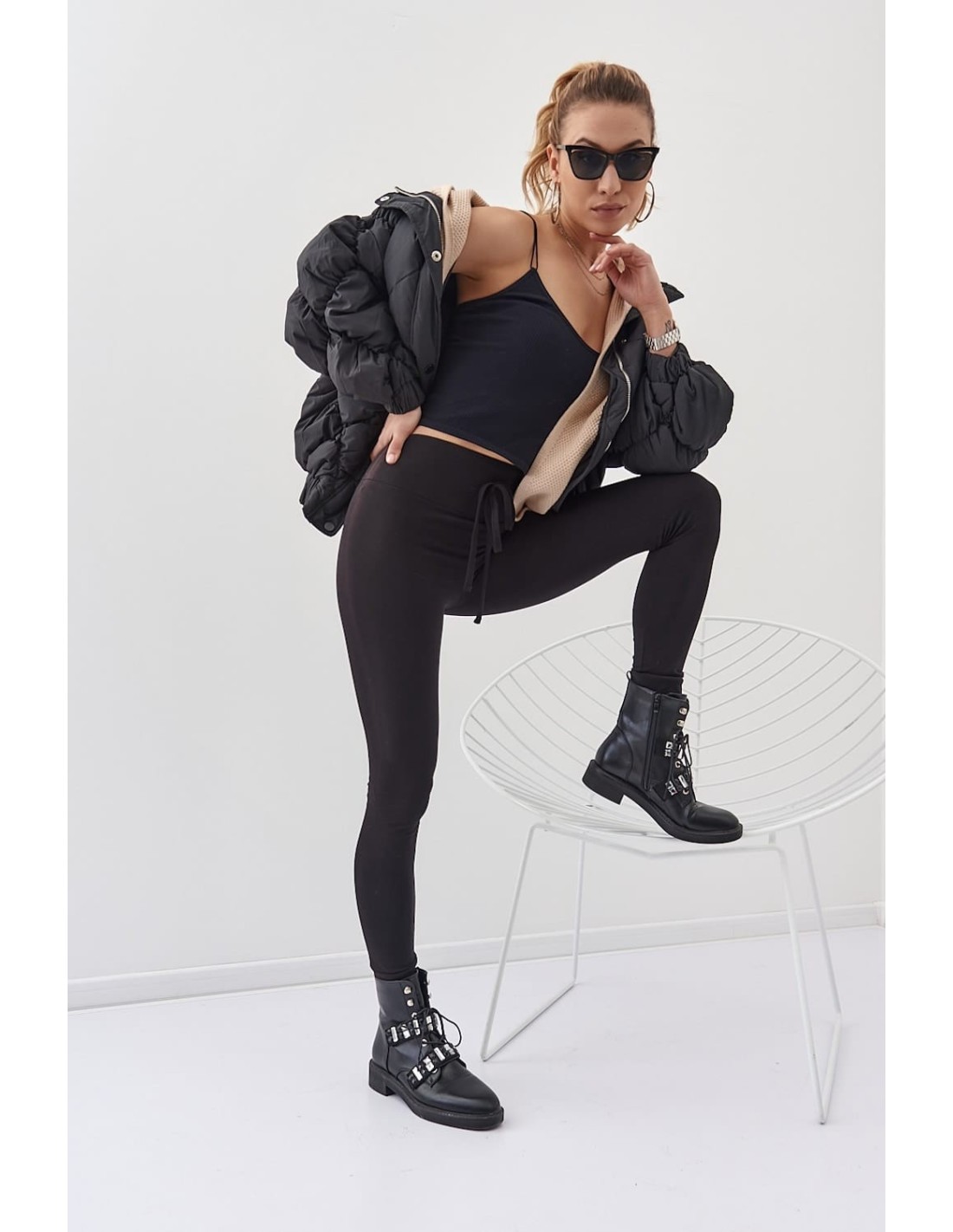 Smooth leggings with wide elastic, black 01671 - Online store - Boutique